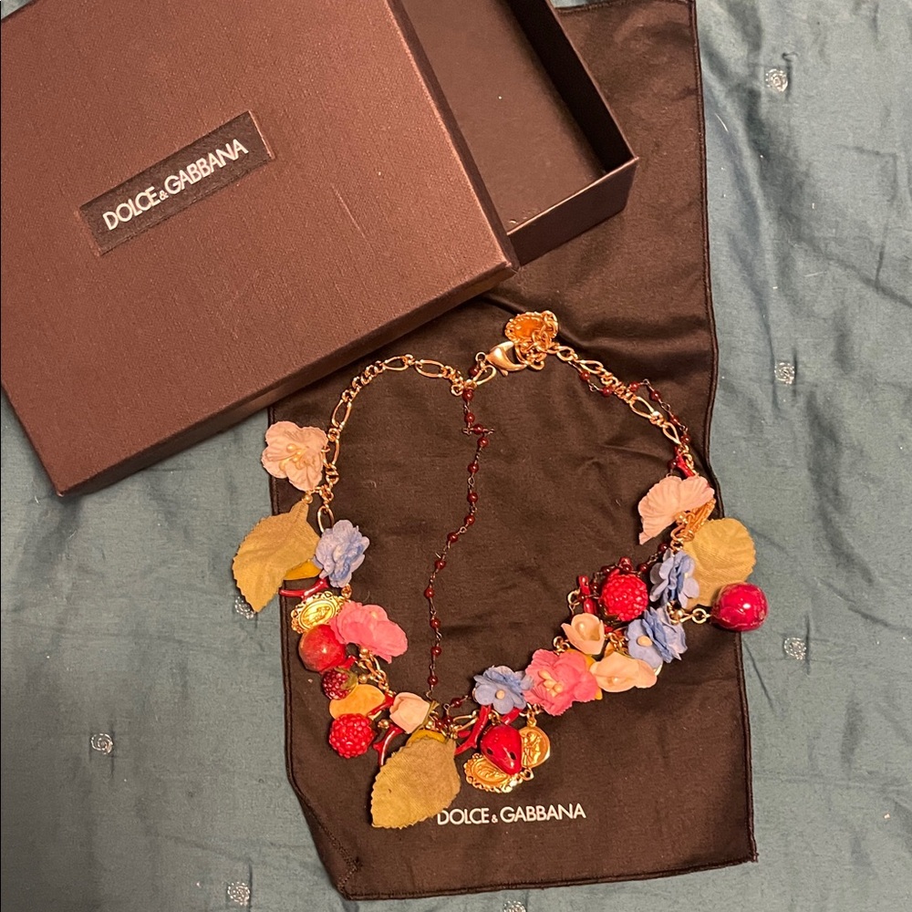 Dolce & Gabbana Gold Necklace with Red and Blue Floral Accents